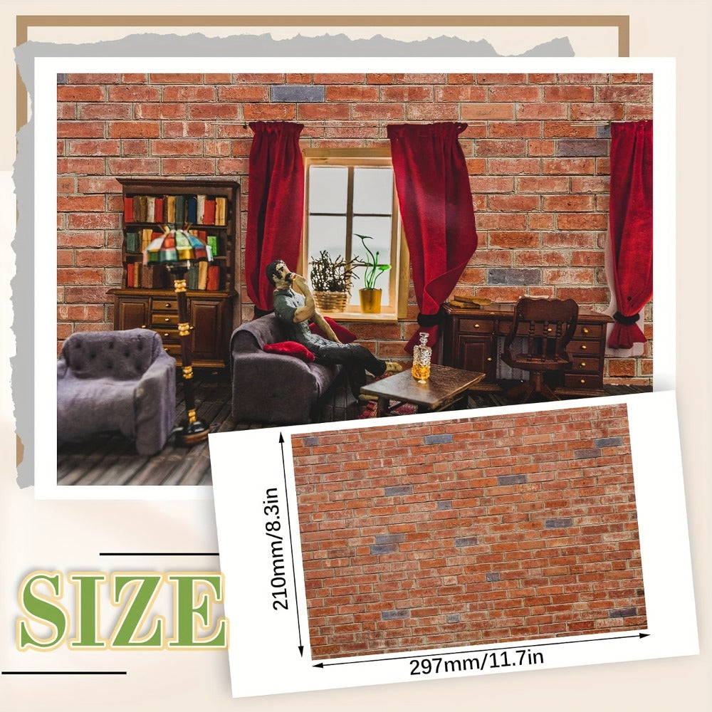Dollhouse Wallpaper Flooring Peel Stick 12 Sheets Red Clinker Brick Miniature Self-Adhesive Paper for 1:12 Scale Dollhouse DIY Craft Room Box Diorama Decor Gift