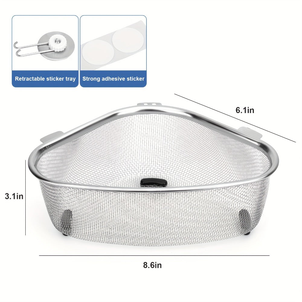 Stainless Steel Sink Strainer Basket 304 Grade Triangular Space-Saving Design – Dual-Use Stand & Hang, Mesh Filter for Food Waste & Clog Prevention, Kitchen & RV Drain Basket 8.6×6.1×3.1 Inch
