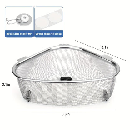 Stainless Steel Sink Strainer Basket 304 Grade Triangular Space-Saving Design – Dual-Use Stand & Hang, Mesh Filter for Food Waste & Clog Prevention, Kitchen & RV Drain Basket 8.6×6.1×3.1 Inch