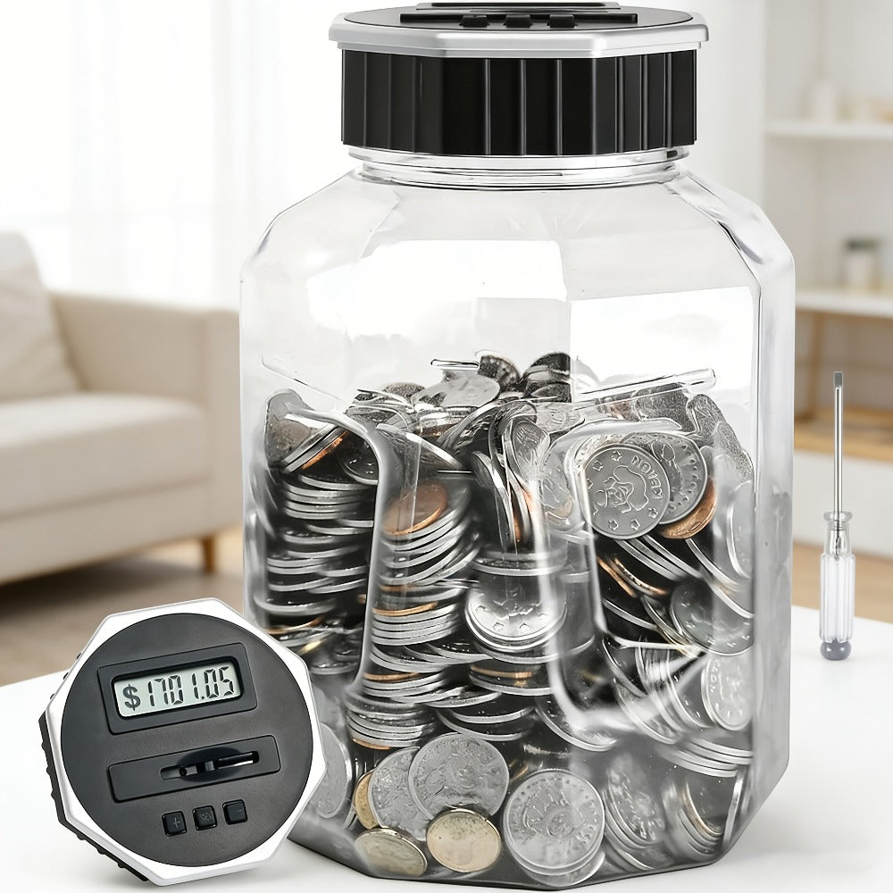 Digital Coin Counting Piggy Bank for Adults – Extra Large 2.4L LCD Counter Jar, Transparent Acrylic Money Saving Bank with Display, Silvery | Toy Play Nest
