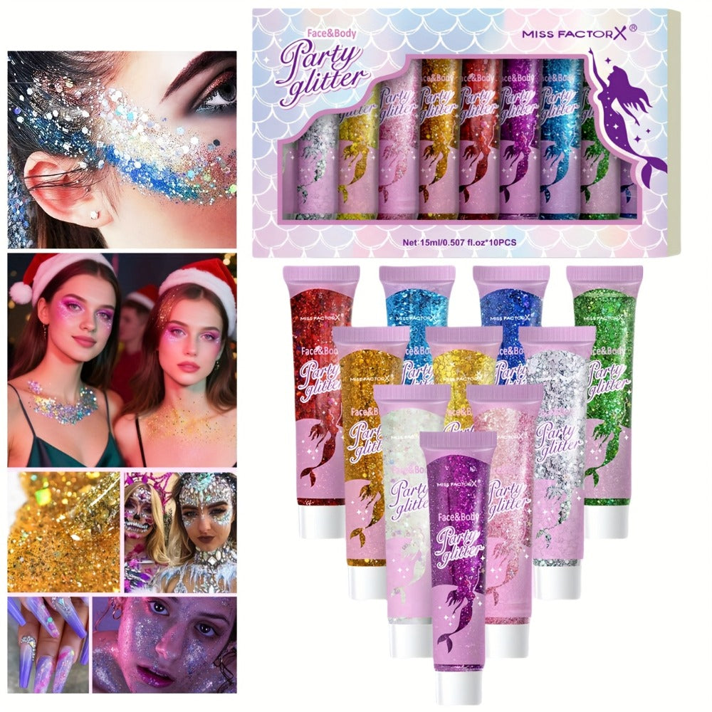 Holographic Glitter Gel Set 10 Colors Cosmetic Grade Face Body Makeup - Festival Rave Cosplay Anime Halloween Party Shimmer Skin Safe Easy Apply Remove