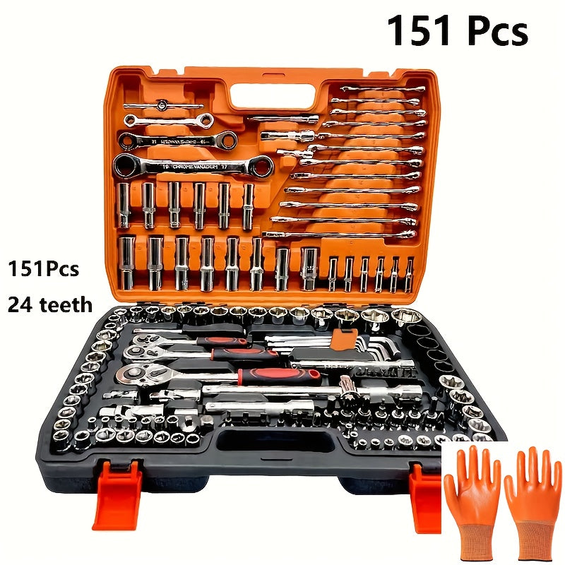 53/82/121/151pcs Heavy Duty Set with Ratchet, Extension Rods & Joints - Adjustable 6-Point Drive Kit Suitable for Automotive, Marine, Motorcycle Repair, Metric (8-22mm) & SAE (1/4"/1/2")