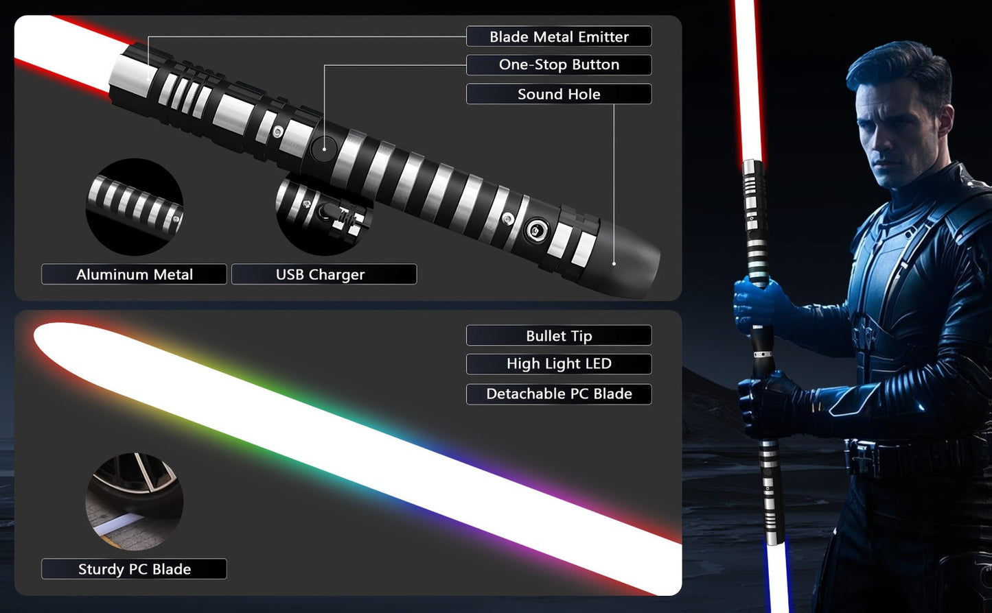 Light Up Dueling Saber 78" with 16 Color Lights & 3 Movie Sounds – 2-in-1 Dark Phantom Sword Single or Double Player – Halloween Cosplay Birthday Christmas Party Gift