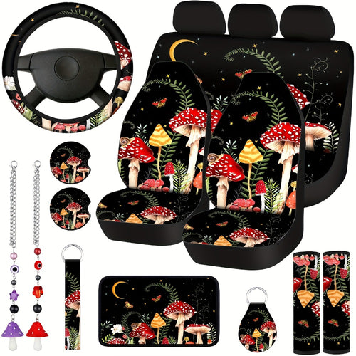 Mushroom Car Seat Covers Full Set 17 Piece Forest Mushroom Car Accessories for Women Men Front Rear Seat Protector Steering Wheel Cover Seat Belt Cover Mirror Hanging Ornament Universal Fit