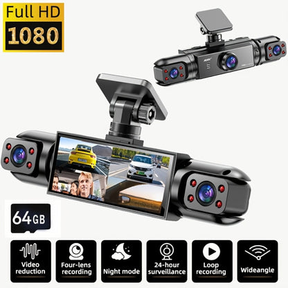 360° Panoramic Dash Cam 3 & 4 Lens 1080P HD Front + 720P Rear Left Right, Quad-Split Screen, HD Night Vision WDR G-Sensor Loop Recording, Full Coverage Car Camera, 32GB/64GB SD Card Options