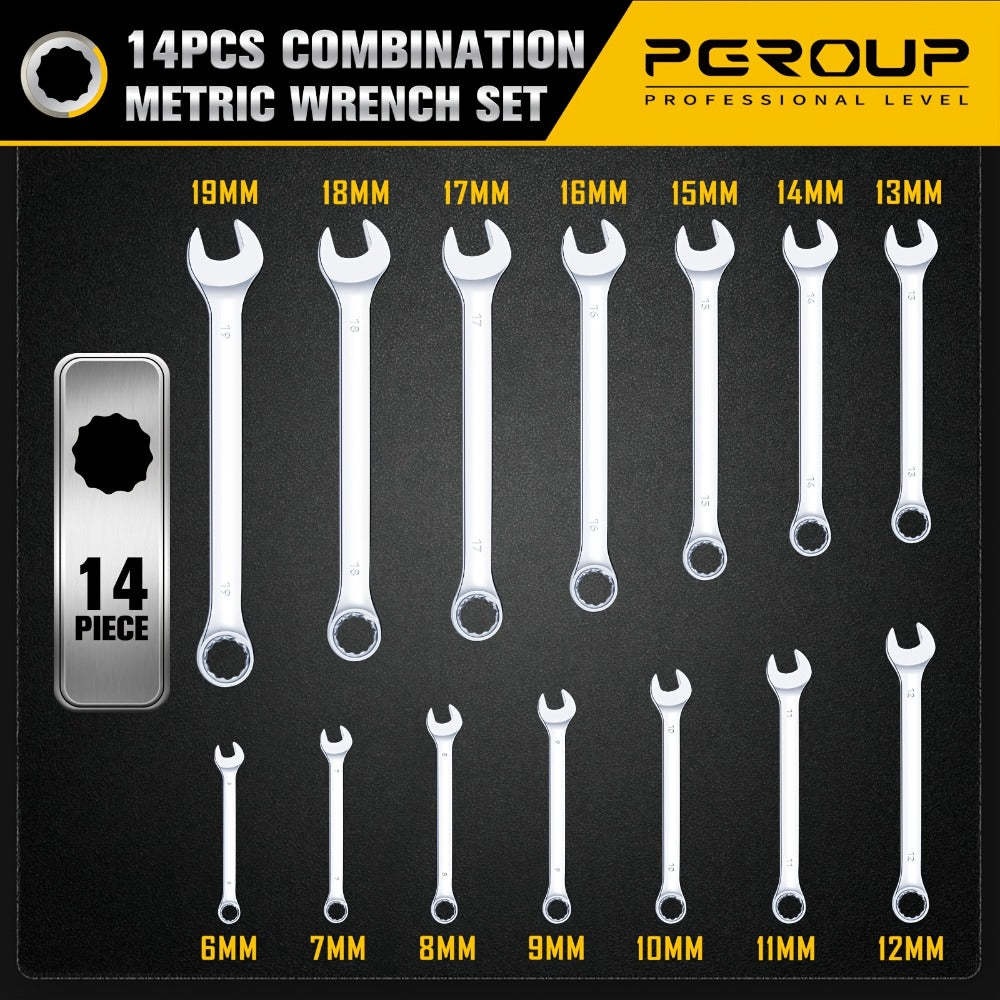 Combo Wrench Set SAE & Metric – CR-V Steel, Mirror Chrome Polished, Open & 12-Point Box Ends, Long & Short Reach, 14pc Metric (6-19mm) / 14pc SAE (1/4"-15/16") / 32pc Full Set