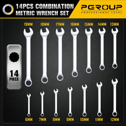 Combo Wrench Set SAE & Metric – CR-V Steel, Mirror Chrome Polished, Open & 12-Point Box Ends, Long & Short Reach, 14pc Metric (6-19mm) / 14pc SAE (1/4"-15/16") / 32pc Full Set