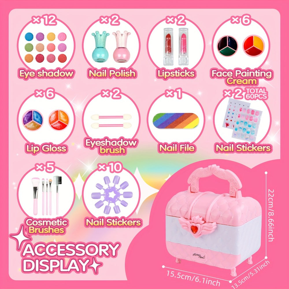 Kids Makeup Kit for Girls Ages 5-12 – 48PCS Princess Pretend Play Cosmetics Set, Washable Hypoallergenic Eyeshadow, Blush, Lip Gloss, Glitter, Nail Polish & Tools, Birthday Gift for Girls