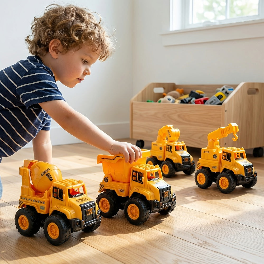 4-Piece Construction Truck Set for Kids – Excavator Dump Truck Crane Cement Mixer Sandbox STEM Engineering Vehicle Playset, Toddler Boy Girl Birthday Gift Ages 3+