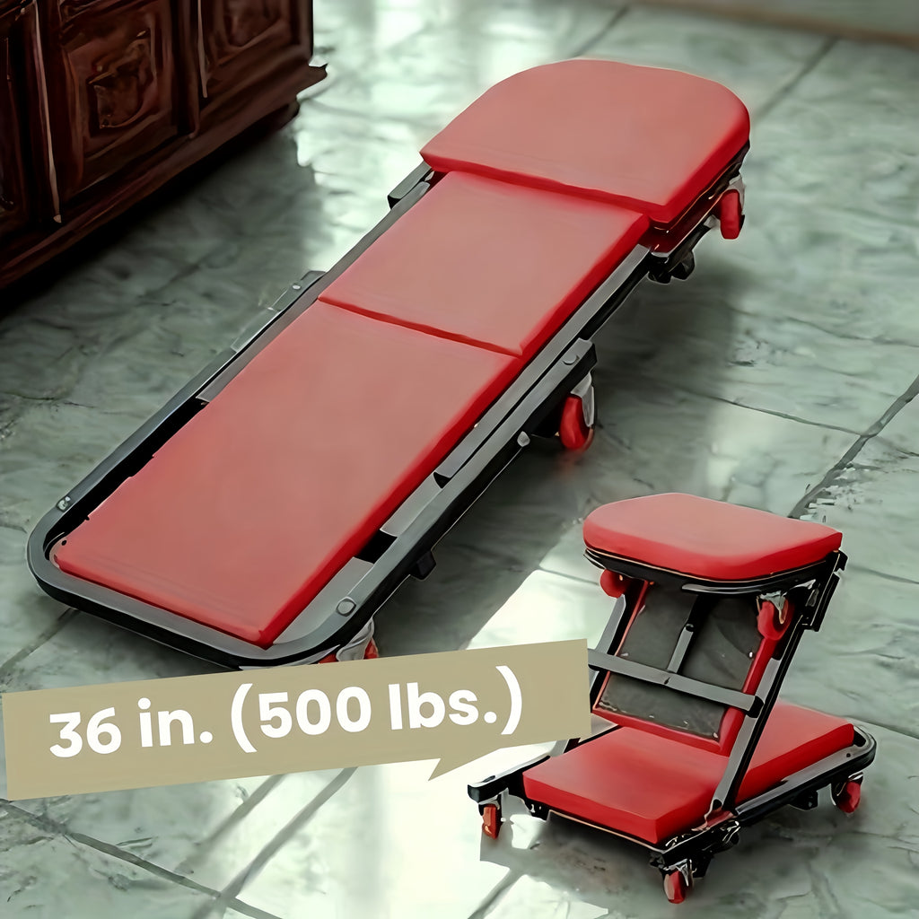 36" Heavy-Duty 3-In-1 Folding Crawler. Professional-Grade with Adjustable Z-Seat (Tilt/Recline). Features 6 Lockable Casters And A 350-650 Lb Capacity. The Essential Red/Black Tool for Multi-Purpose Automotive Repair