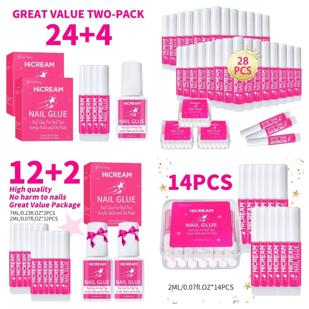 Nail Glue Set for Press On Nails Water Resistant Unscented Brush On Liquid Adhesive DIY Nail Art Enhancement Gel Formula Multi-Pack 14pcs 28pcs
