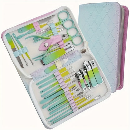 Nail Care Kit 30 Piece with Gradient Travel Box — Complete Manicure & Pedicure Set, Fingernail & Toenail Clippers for Women Men Family, Personal Care Beauty Grooming Gift