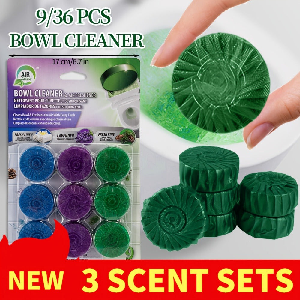 Automatic Toilet Bowl Cleaner Tablets 9/36pcs - Low Odor Fresh Linen Lavender Pine Mix Scents, Powerful Stain Removal Long-Lasting Deodorizer, Safe for Plastic Surfaces, Easy Use for Home & RV Toilet