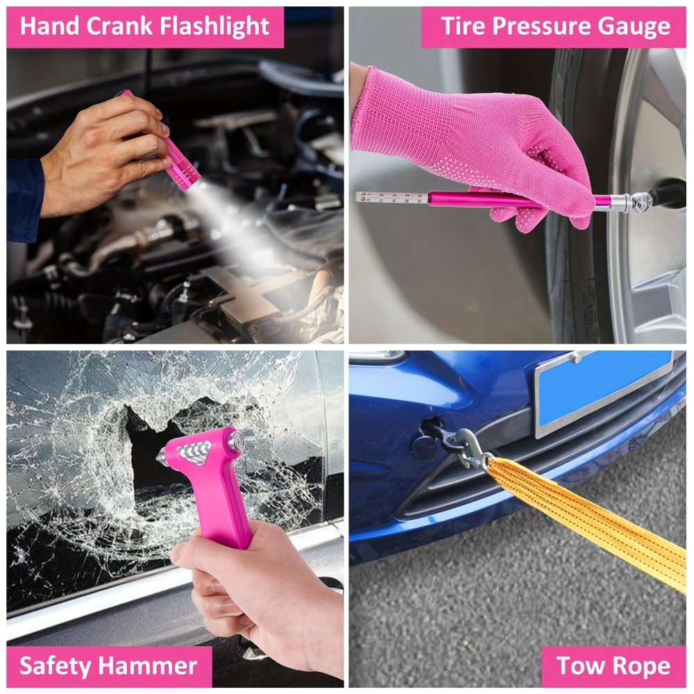 Car Roadside Emergency Kit Pink - Jumper Cables, Deer Whistles & Auto Safety Tool Set for Women, Winter Car Safety Roadside Assistance Kit, No Battery Required, Perfect Gift for Female Drivers