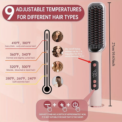 Hair Straightener Brush 10s Fast Heat – LCD Display 5 Temperature Flat Iron Comb Anti-Scald Straightening Brush for Women with 2 Clips & Comb – White, Grey, Champagne, Purple
