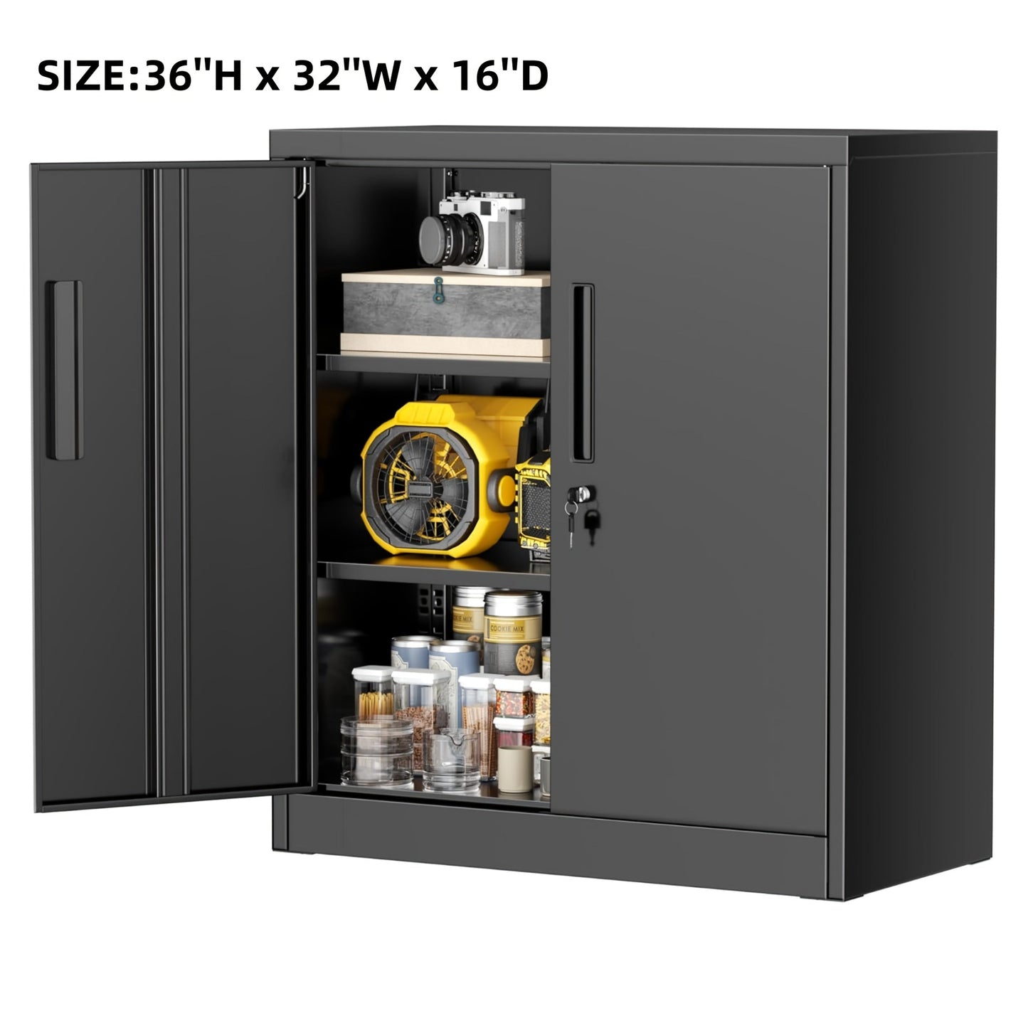 Storage Cabinet shown in the Pure Black, 36''H - 2 Adjustable Shelves option