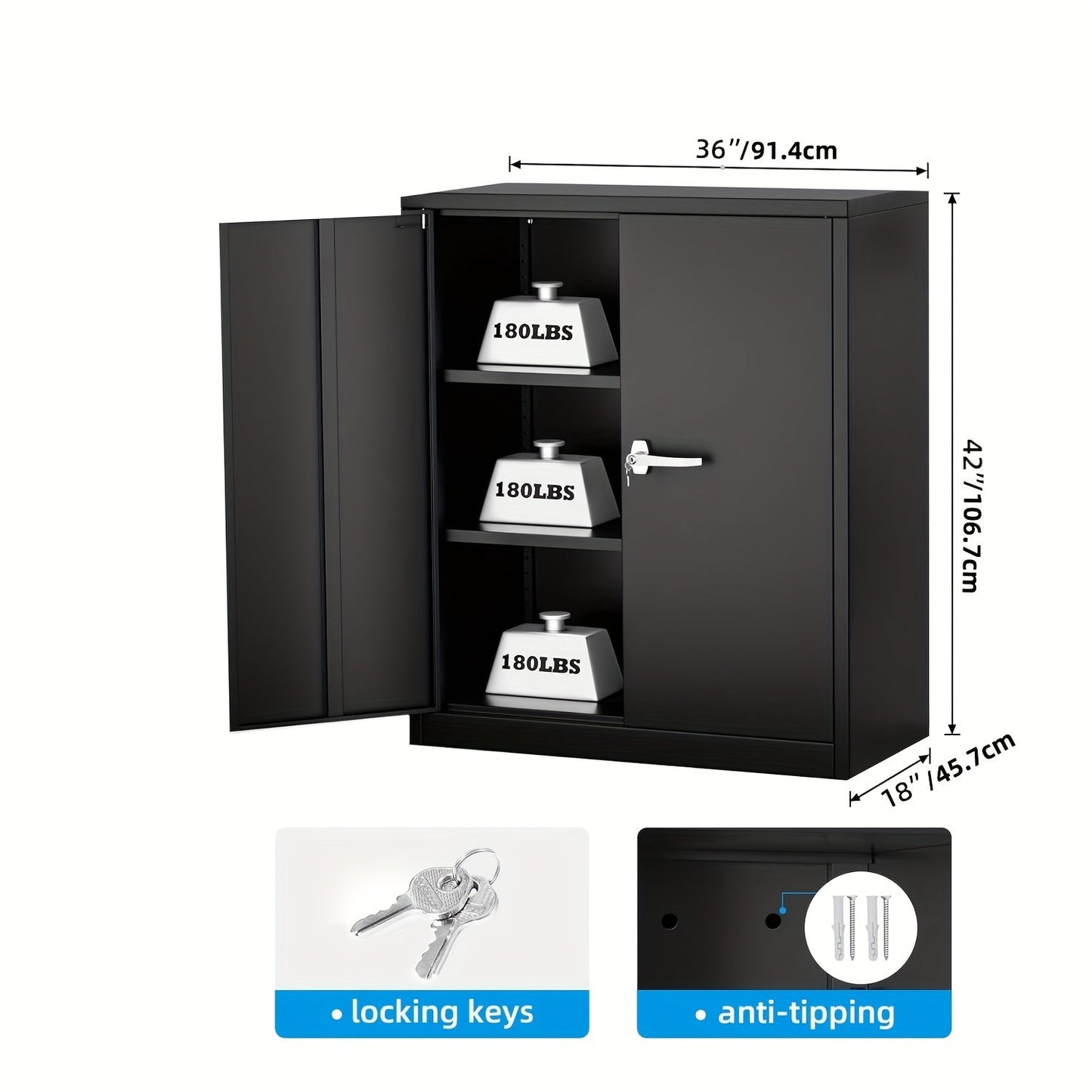 Storage Cabinet shown in the Pure White, 36''H - 2 Adjustable Shelves option