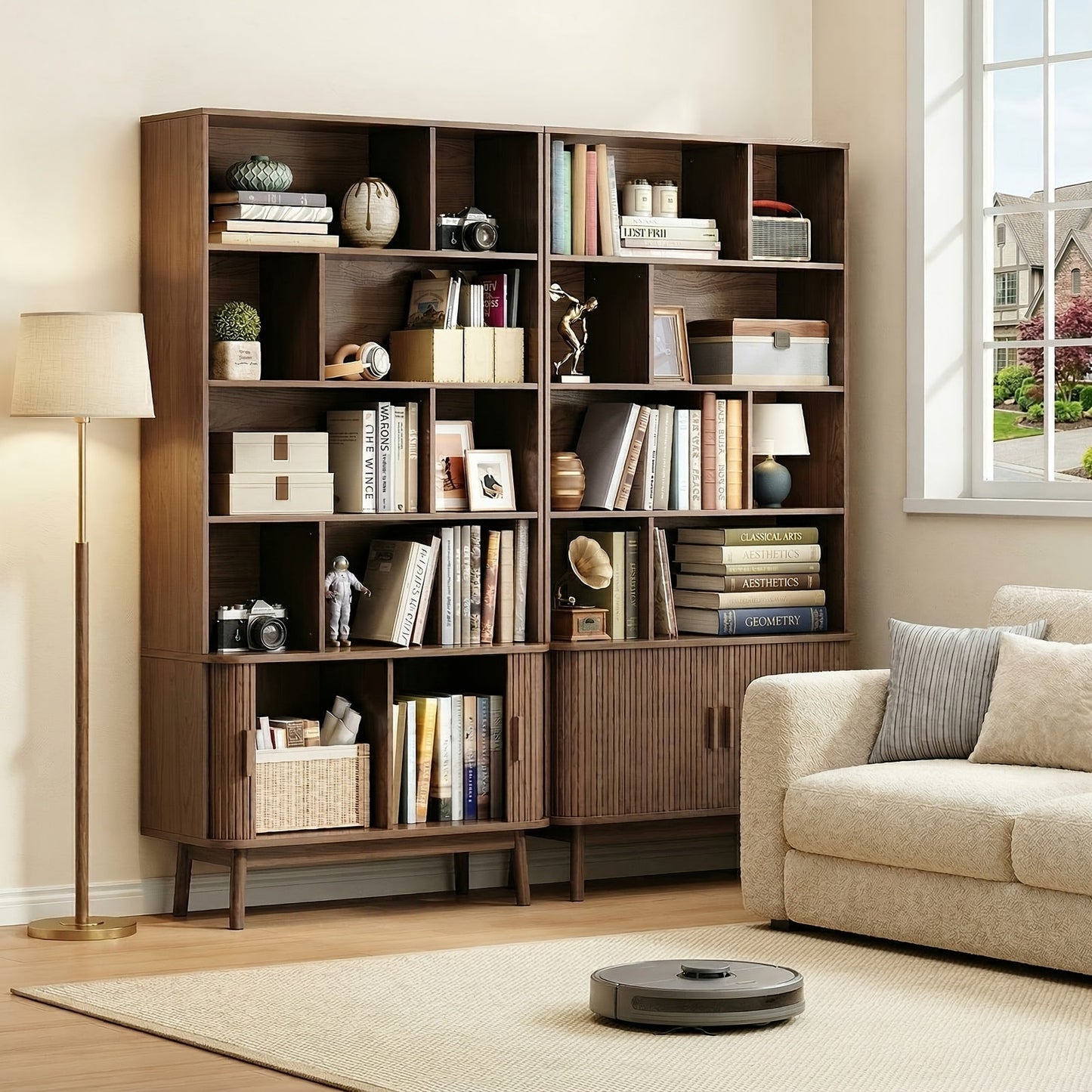 Bookcase shown in the 8-Cube Organizer Shelf Walnut option