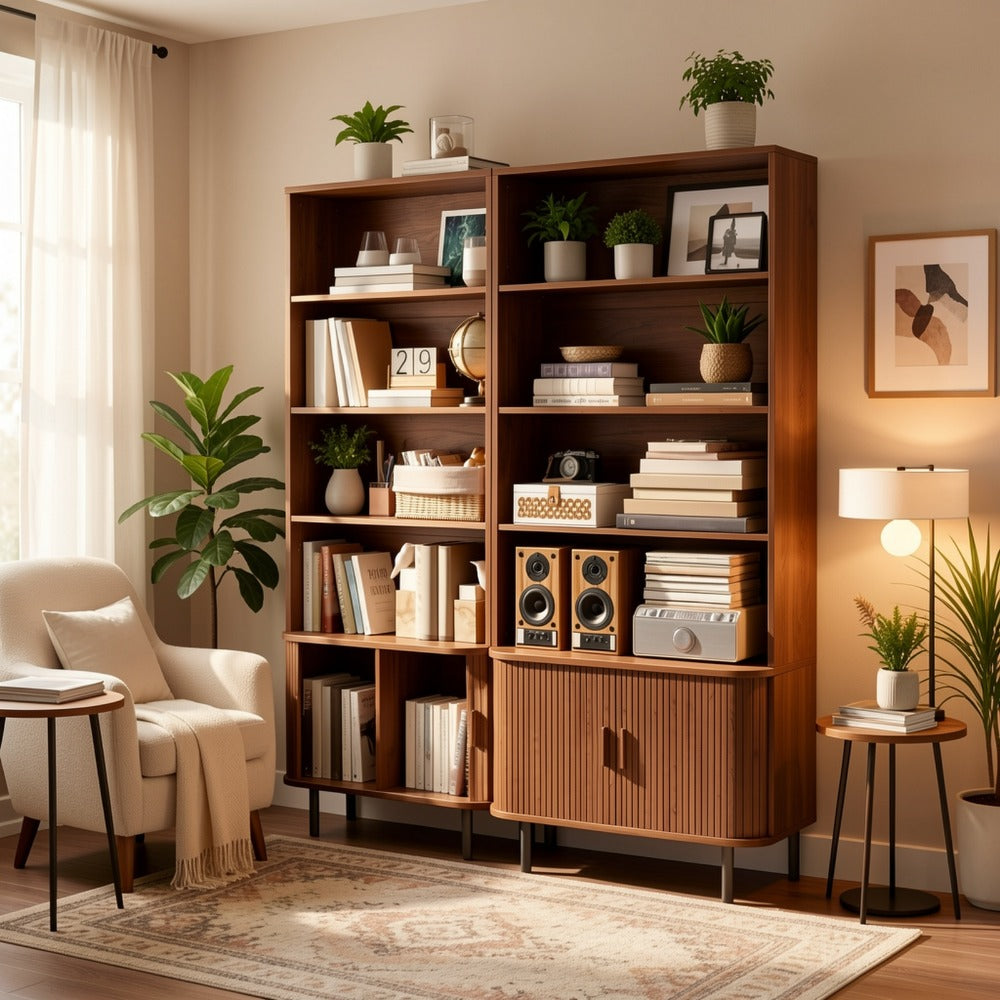 71-Inch Tall Bookcase with Adjustable Shelves and Sliding Doors for Living Room detail image - detail view 10
