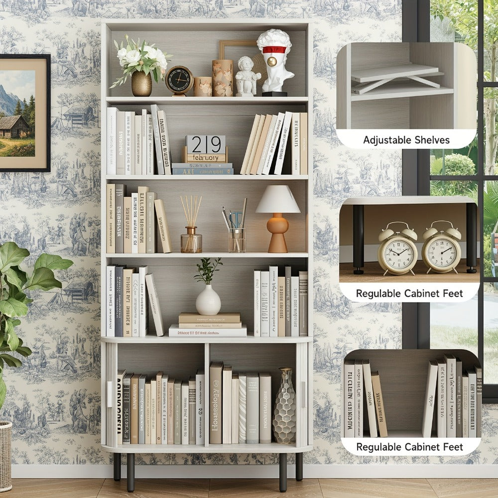 71-Inch Tall Bookcase with Adjustable Shelves and Sliding Doors for Living Room detail image - detail view 18