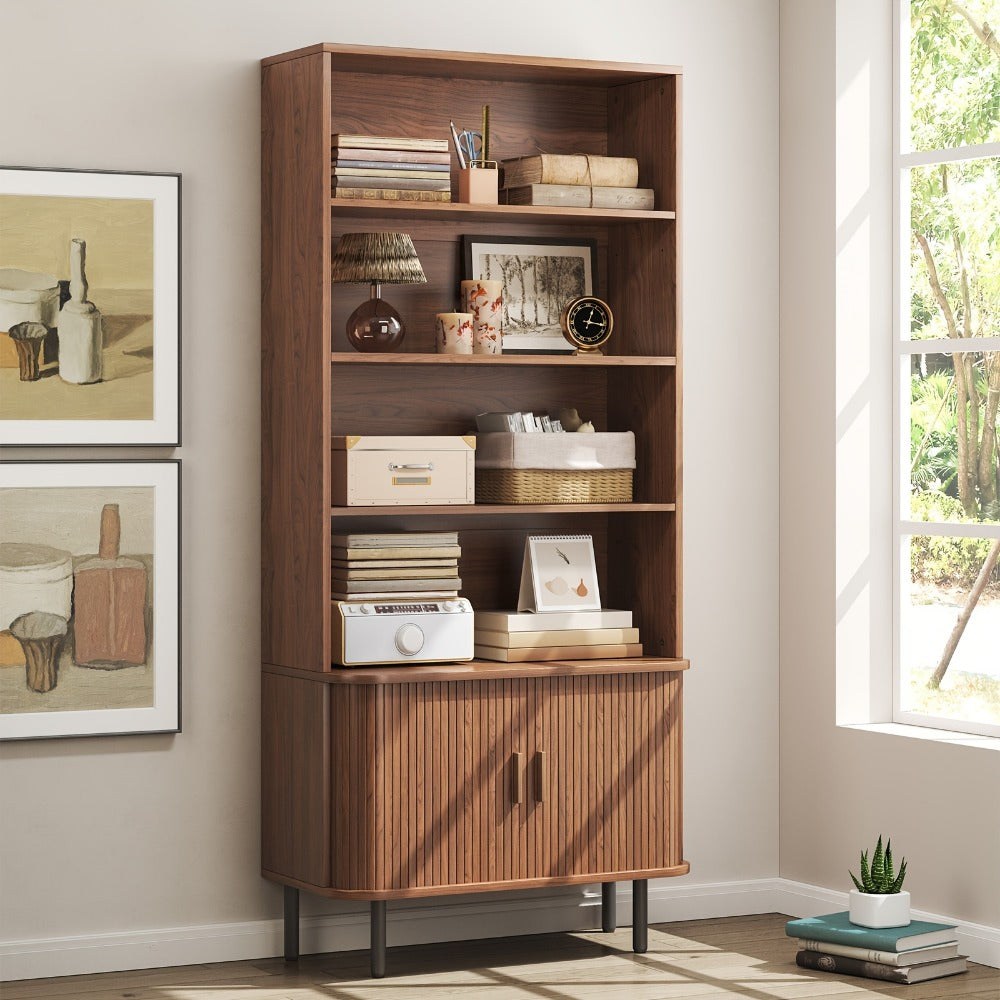 71-Inch Tall Bookcase with Adjustable Shelves and Sliding Doors for Living Room detail image
