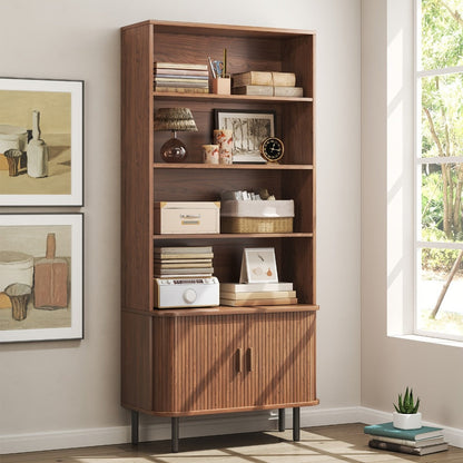 71-Inch Tall Bookcase with Adjustable Shelves and Sliding Doors for Living Room detail image