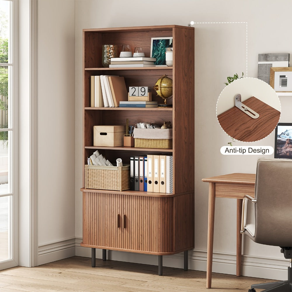 71-Inch Tall Bookcase with Adjustable Shelves and Sliding Doors for Living Room detail image - detail view 3