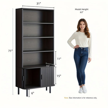 71-Inch Tall Bookcase with Adjustable Shelves and Sliding Doors for Living Room detail image - detail view 6