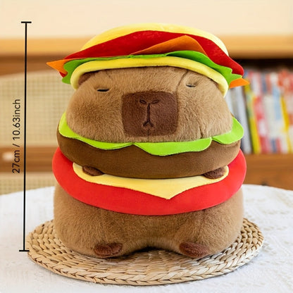 Capybara Plush Stuffed Animal Hamburger Burger Hat Funny Kawaii Soft Plush Toy Couch Pillow Doll Unique Meme Gift for Kids Teens Adults Birthday Christmas Holiday