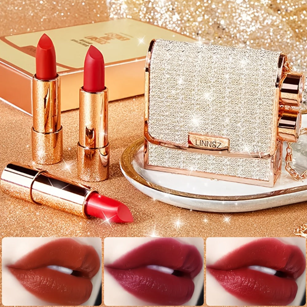 Matte Lipstick Gift Set 3 Pack Velvet Waterproof Long-Lasting Anti-Fading Intense Pigment Full Coverage Lip Color with Elegant Silvery Chain Bag for Women