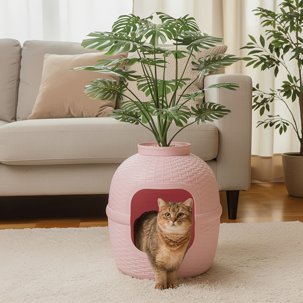 Hidden Litter Box Enclosure with Rattan Plant Design - Large Cat Litter Box Furniture, Waterproof PP, Easy Assembly, Odor Control Indoor Cat Cabinet, Off-White & Pink, Stylish Home Decor