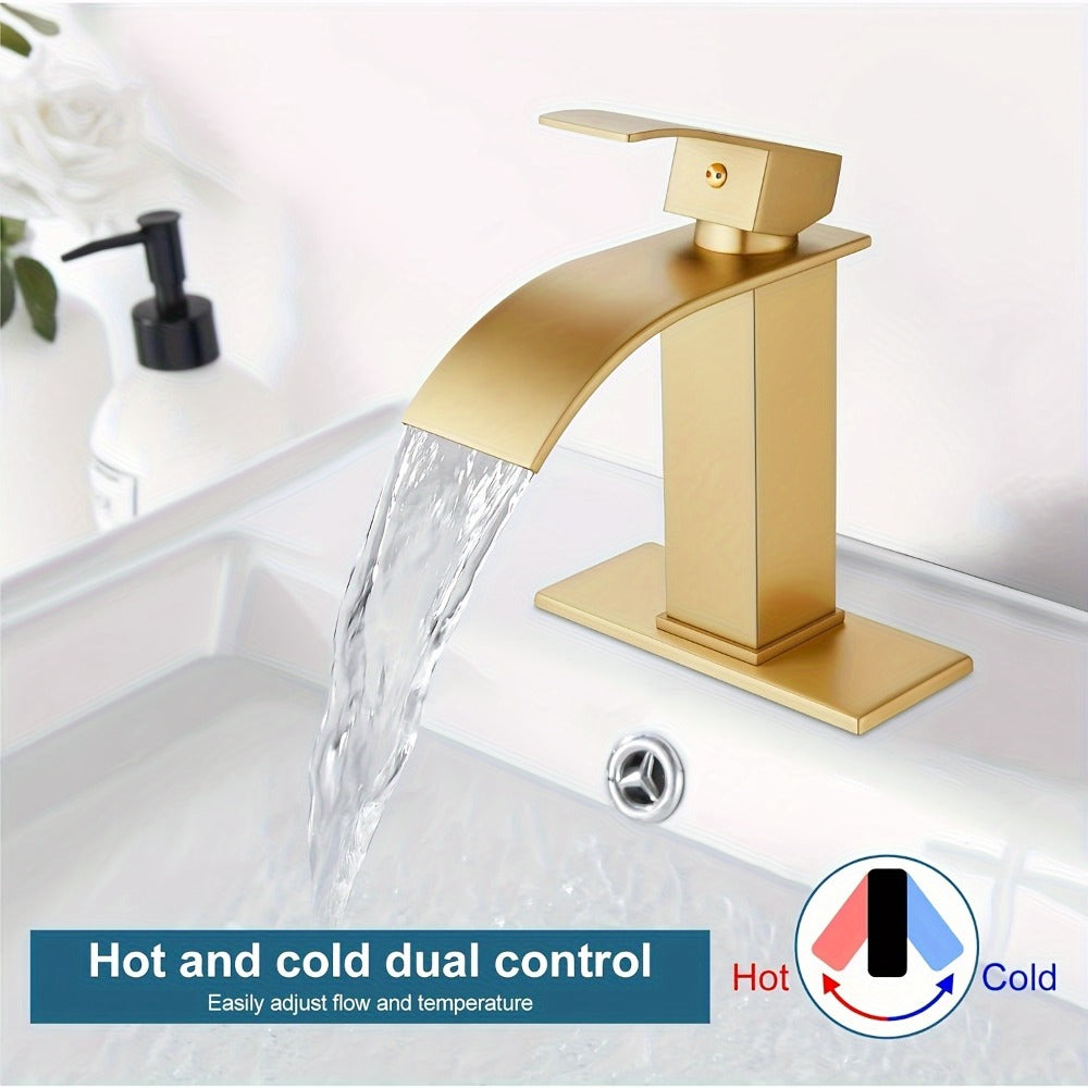 Waterfall Bathroom Sink Faucet, Single Hole or 3-Hole Mixer Tap with 6" Deck Plate, Ceramic Valve, Vanity Faucet for Farmhouse RV Bathroom, Brushed Gold Matte Black Nickel Chrome