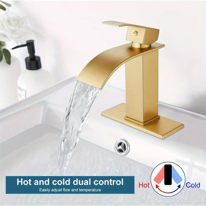 Waterfall Bathroom Sink Faucet, Single Hole or 3-Hole Mixer Tap with 6" Deck Plate, Ceramic Valve, Vanity Faucet for Farmhouse RV Bathroom, Brushed Gold Matte Black Nickel Chrome