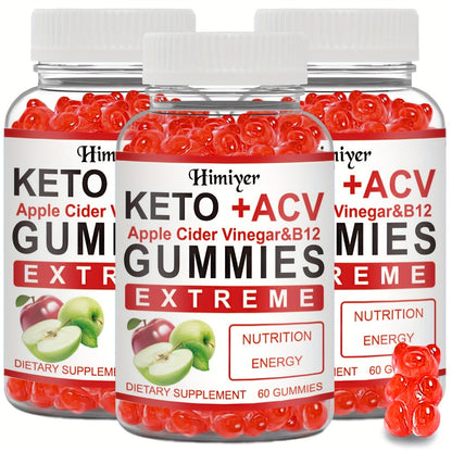 Apple Cider Vinegar Gummies with Vitamin B12 & B6 – Keto ACV Formula for Weight Management, Gut Health, Glowing Skin & Mental Focus | Daily Wellness Gummies for Men & Women | 1 or 3 Pack