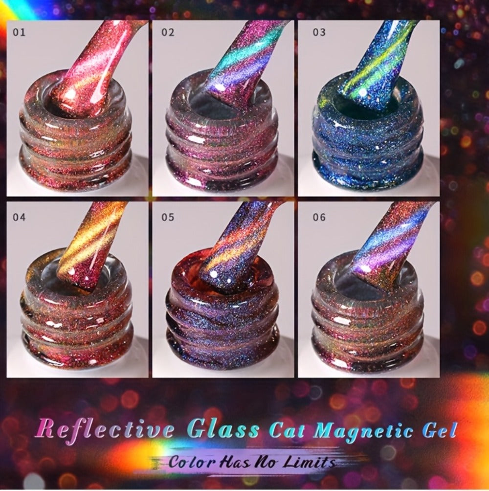 Cat Eye Gel Polish Set 6pcs BORN PRETTY Double Light Reflective Magnetic - Sparkling Rainbow Glass Cat Eye Effect Soak Off UV LED Gel 10ml Each Long Lasting Salon & Home DIY Manicure Kit for Women