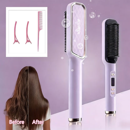 Hair Straightener Brush 10s Fast Heat – LCD Display 5 Temperature Flat Iron Comb Anti-Scald Straightening Brush for Women with 2 Clips & Comb – White, Grey, Champagne, Purple