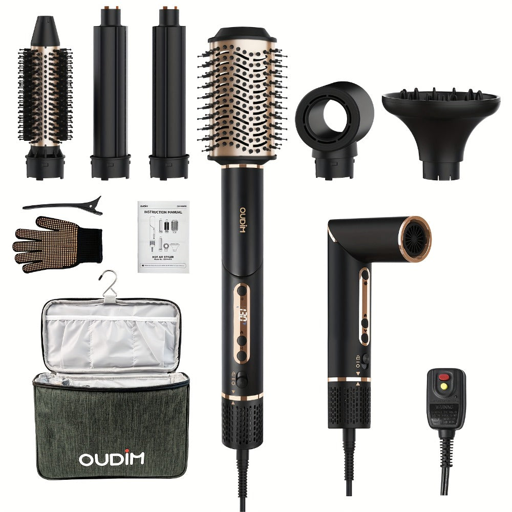 Hot Air Brush 6-in-1 Negative Ion Hair Dryer Brush & Styler 110000 RPM High-Speed Blow Dryer with Curling Iron Straightener Auto-Winding Curler Foldable Handle Storage Bag