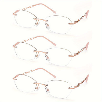 Rimless Reading Glasses for Women 3 Pack - Blue Light Blocking Lightweight Metal Frameless Readers with Anti Eyestrain Lenses, Multiple Colors and Magnifications 1.0X to 4.0X