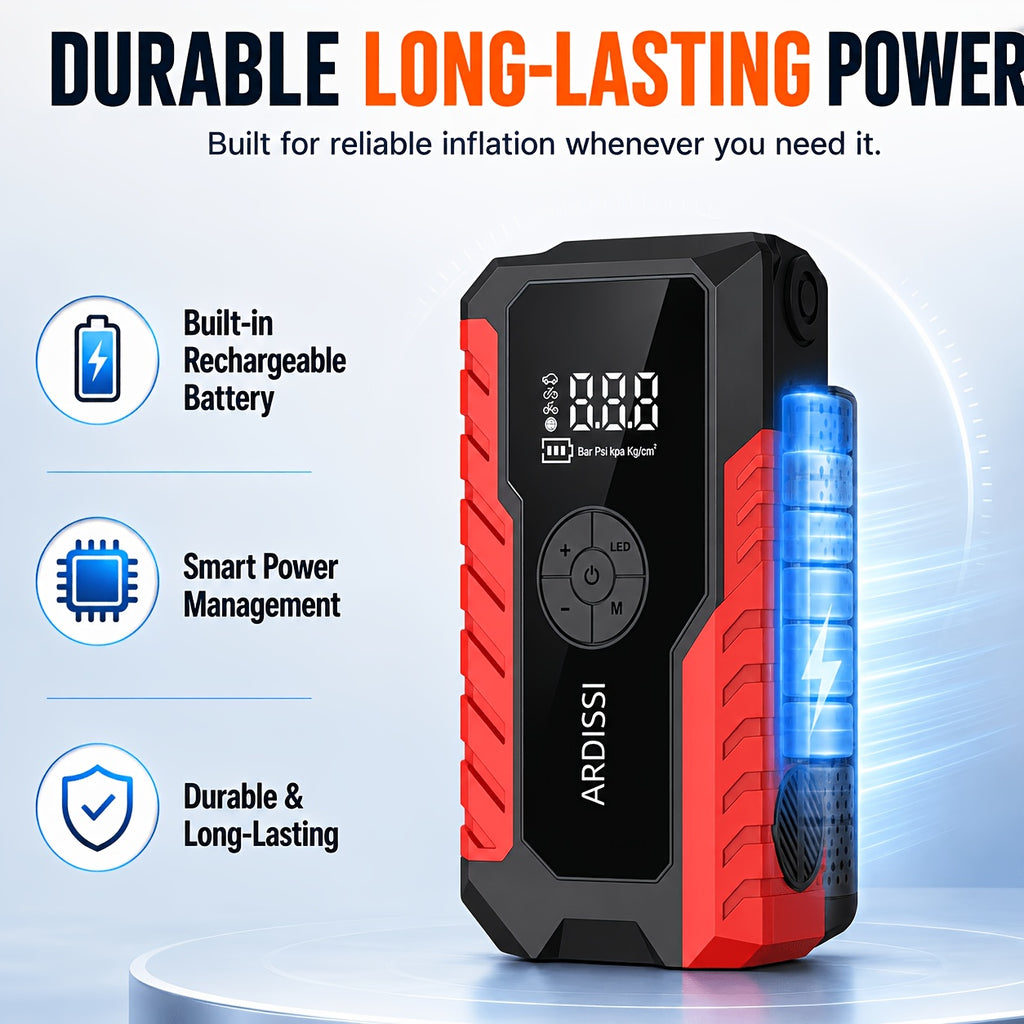 10000A 7-In-1 Multifunctional Emergency Jump Starter with 150PSI Air Pump, Digital Tire Inflator, Portable Car Battery Charger, Up to 2.64gal Gas/2.38gal Diesel, LED Emergency Light & USB Charging, Car Emergency Tool. Suitable As a Holiday Gift
