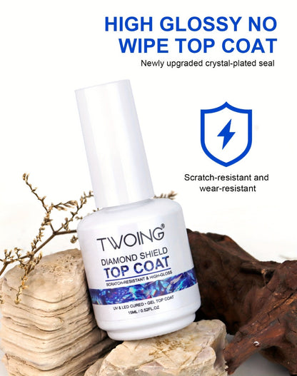 No-Wipe Gel Top Coat 2-Pack Diamond Shine High Gloss — LED Soak-Off Nail Sealer, Long-Lasting Scratch-Resistant Crystal Clear Finish for Salon & Home Manicure, Nail Art Sealer for Glitter & Foils (0.51oz Each)