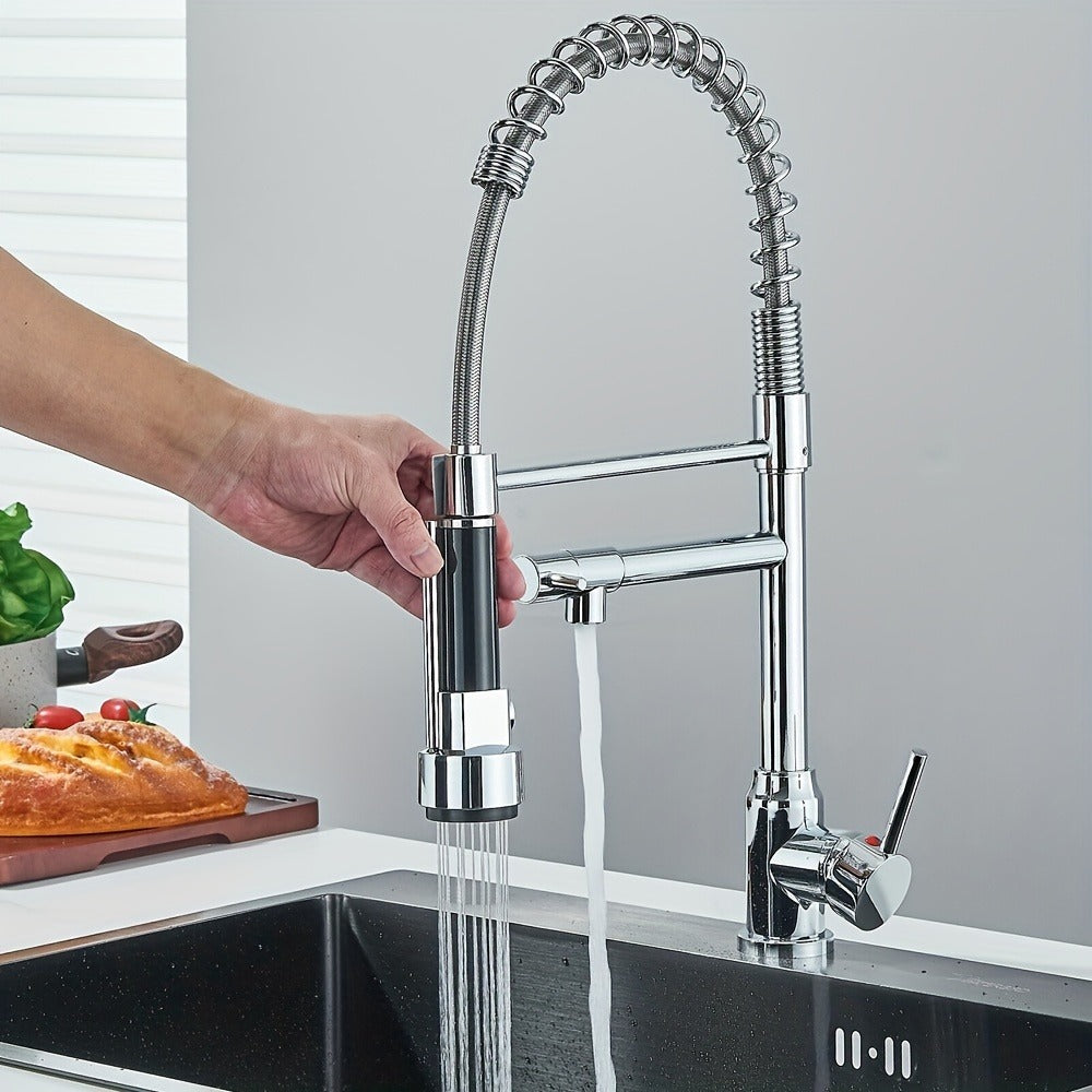 Kitchen Faucet with Pull Down Sprayer Single Handle Single Hole High Arc Spring Commercial Sink Faucet – 360° Swivel Splash-Proof Nozzle, Matte Black Chrome Brushed Nickel, Modern Monobloc Mixer Tap