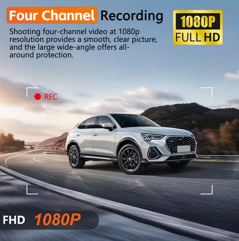 PODOFO Dual Camera Dash Cam 1080P, Suitable for Cars, 4-Channel Front/Rear/Left/Right, 3.16-inch IPS Screen, Night Vision, Loop Recording, 24-Hour Parking Monitoring with G-Sensor/Motion Detection, Optional 64GB Memory Card, Vehicle Security Camera