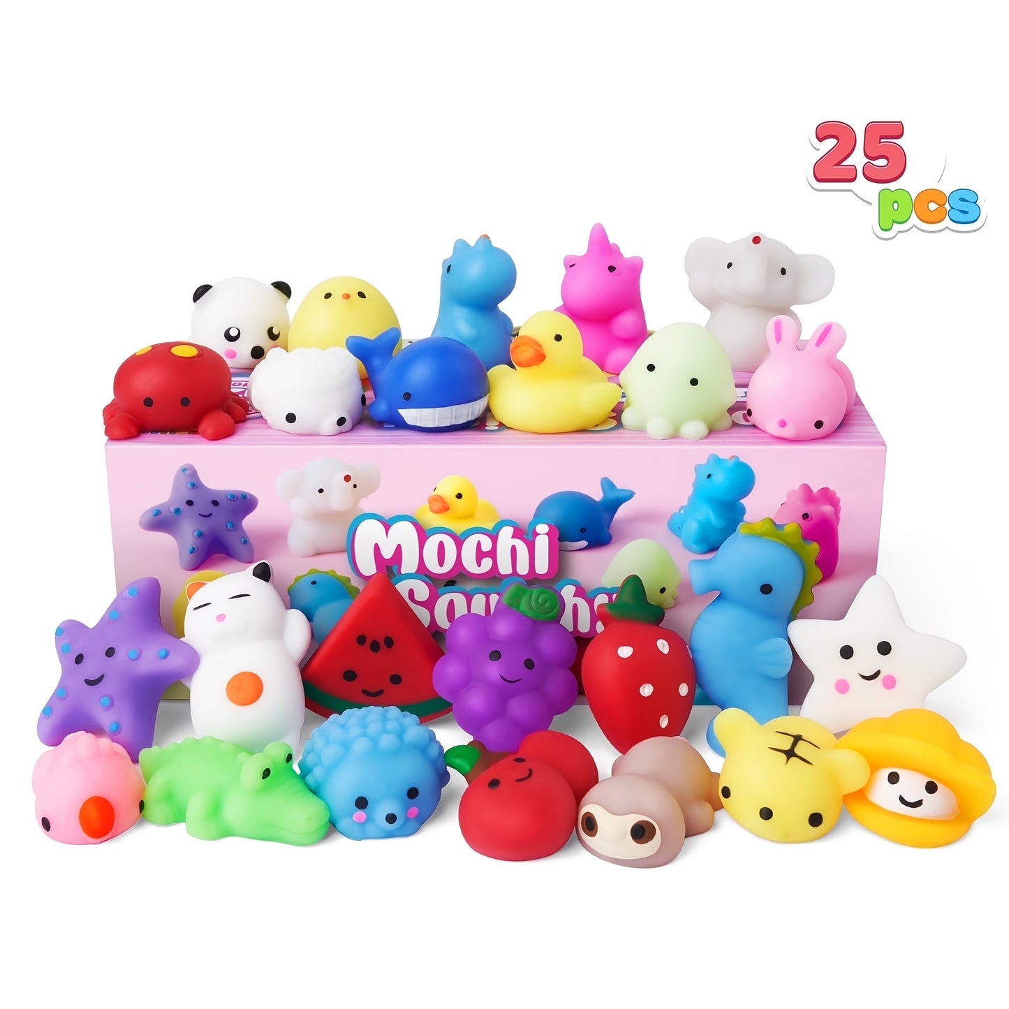 Mini Mochi Squishies 25 Pack – Assorted Animals & Fruit Squishy Toys for Kids Party Favors, Easter Eggs, Goodie Bags, Classroom Prizes & Birthday Gifts