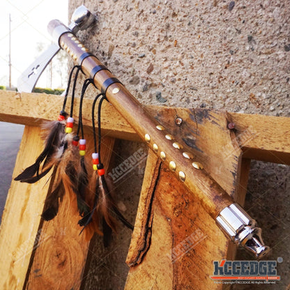Native American Tomahawk Hatchet Replica 19in – Decorative Peace Pipe Axe with Wooden Handle, Feather & Brass Accents, Southwestern Western Decor Collectible, Cosplay Prop & Unique Gift for Men Dad