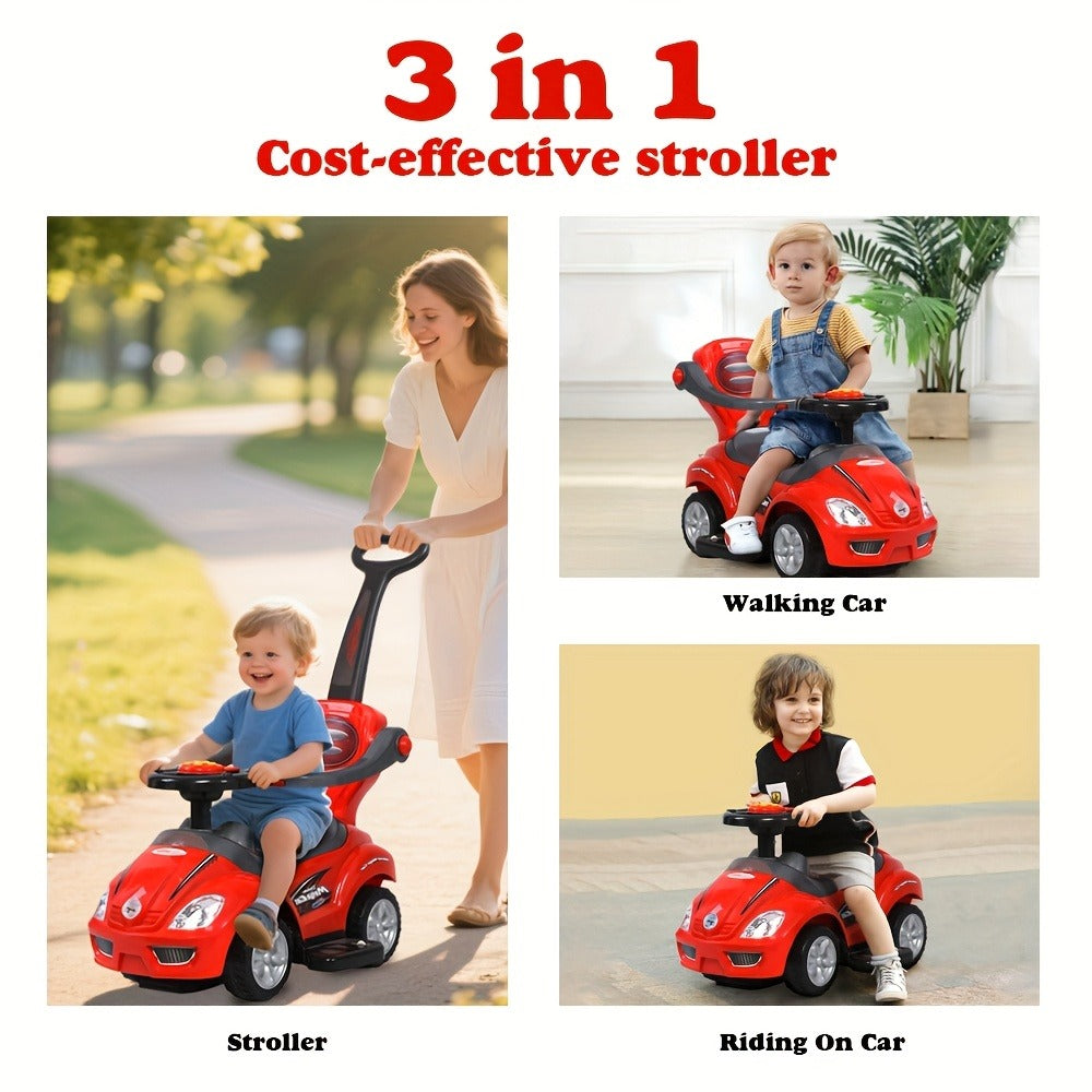 3-in-1 Toddler Push Ride & Walker Car – Baby Ride-On Toy with Guardrail, Music & Under-Seat Storage for Ages 18–36 Months | Indoor Outdoor Safe Play | Pink, Red