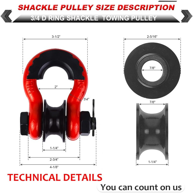 Upgraded Snatch Block, 3/ 4" D Ring Shackle (2 Pack) 32, 000lb Break Strength with Towing Pulley, Heavy Duty Offroad Recovery Accessory for Truck, Tractor, ATV & UTV Carbon Steel And Alloy Steel Materials