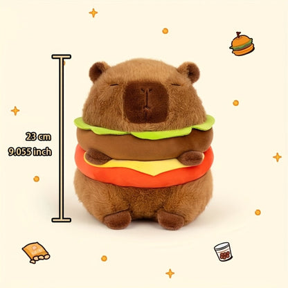Capybara Plush Stuffed Animal Hamburger Burger Hat Funny Kawaii Soft Plush Toy Couch Pillow Doll Unique Meme Gift for Kids Teens Adults Birthday Christmas Holiday