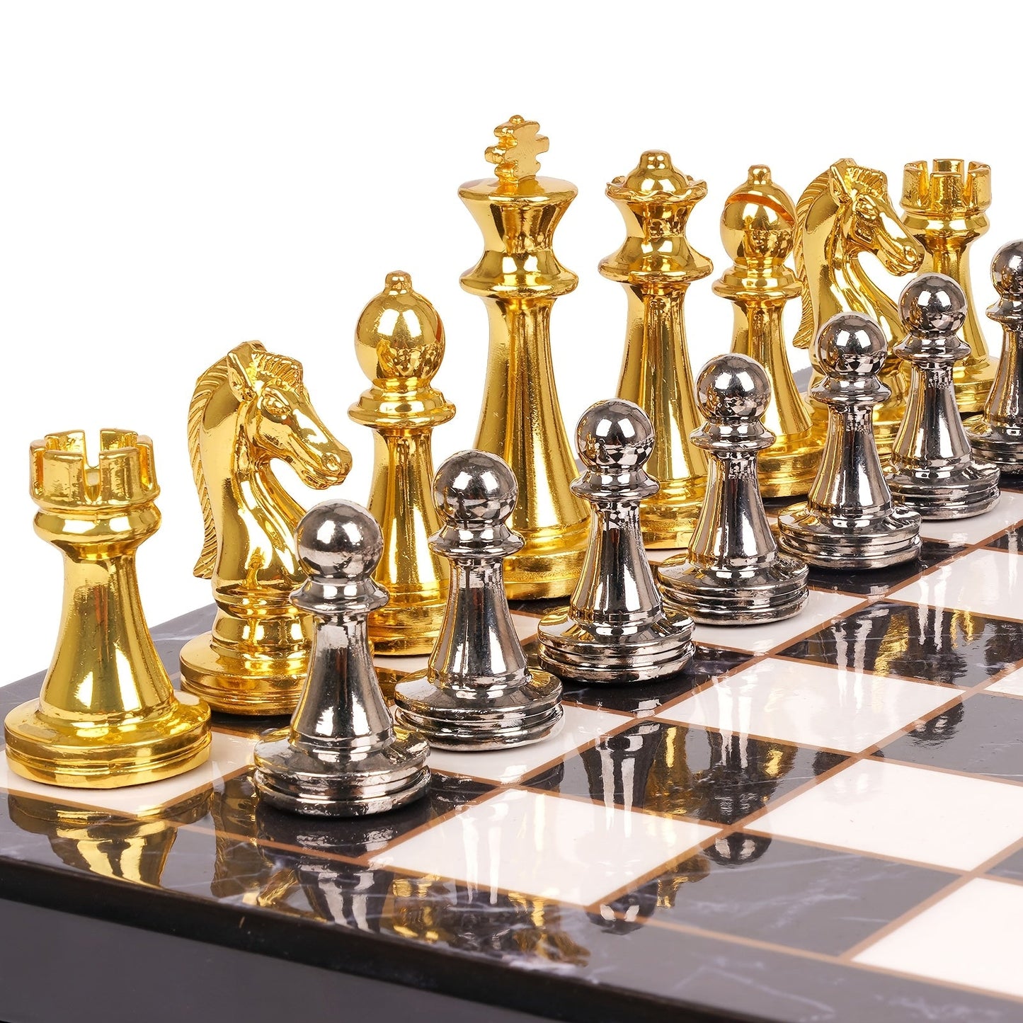 Luxury Metal Chess Set with Marble Board – Zinc Alloy Gunmetal & Gold Pieces Extra Queens 11.5" Elegant Chessboard Gift for Adults Beginners Home Office Decor