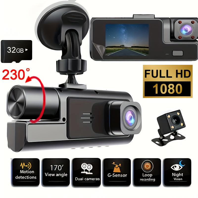 1080P Triple Camera Dash Cam, Dash Camera For Cars, Car Camera With IR Night Vision, 170°Wide Angle Car DVR Camera, 16GB/32GB TF Card Optional, Loop Recording, G-Sensor |2Inch IPS Screen Dual Lens Car Dashboard Video Cam, 24H Park Mode