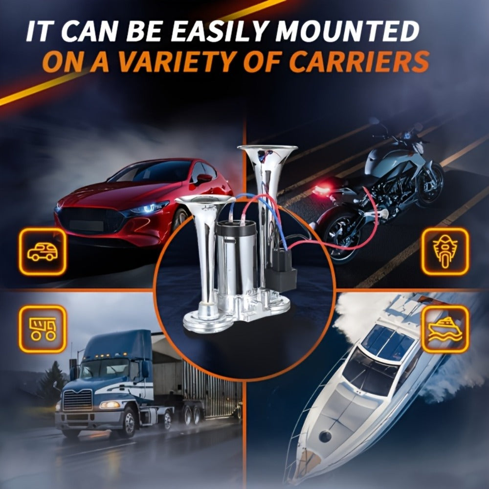 Loud Air Horn for Truck - 130dB Double Tube Aluminum Alloy with Compressor, 12V/24V Universal, Super Loud for SUV, Boat, Motorcycle, Off-Road, Bus, Quick Install